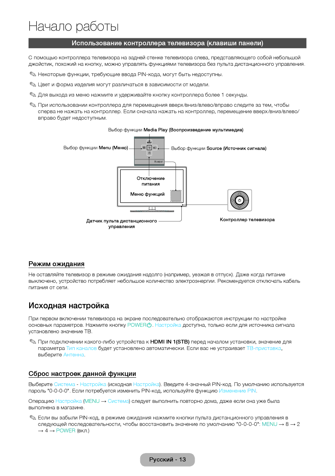 Samsung LT28E310EX/RU manual Исходная настройка, Использование контроллера телевизора клавиши панели, Режим ожидания 