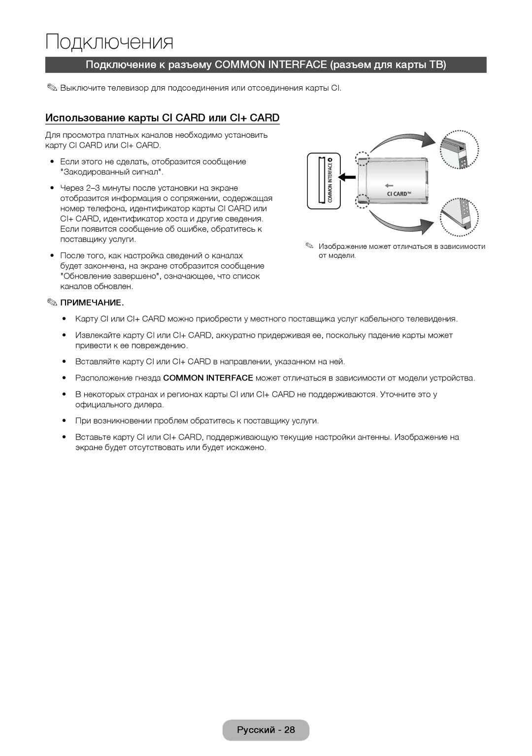 Samsung LT28E310EX/RU Подключение к разъему Common Interface разъем для карты ТВ, Использование карты CI Card или CI+ Card 