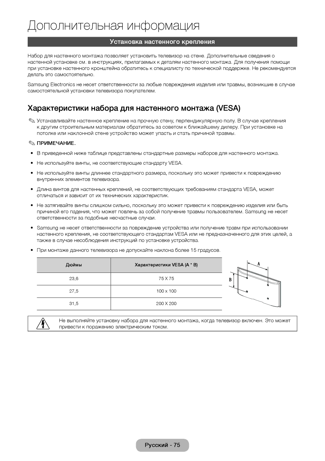 Samsung LT24E310EX/RU, LT28E310EX/RU Характеристики набора для настенного монтажа Vesa, Установка настенного крепления 