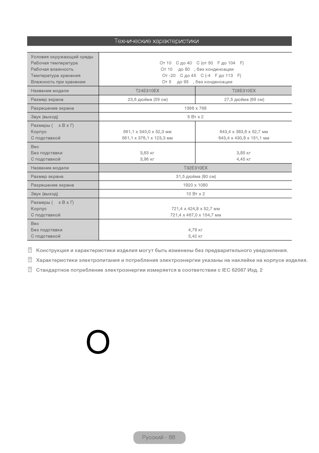 Samsung LT28E310EX/RU, LT24E310EX/RU, LT32E310EX/RU manual Технические характеристики 