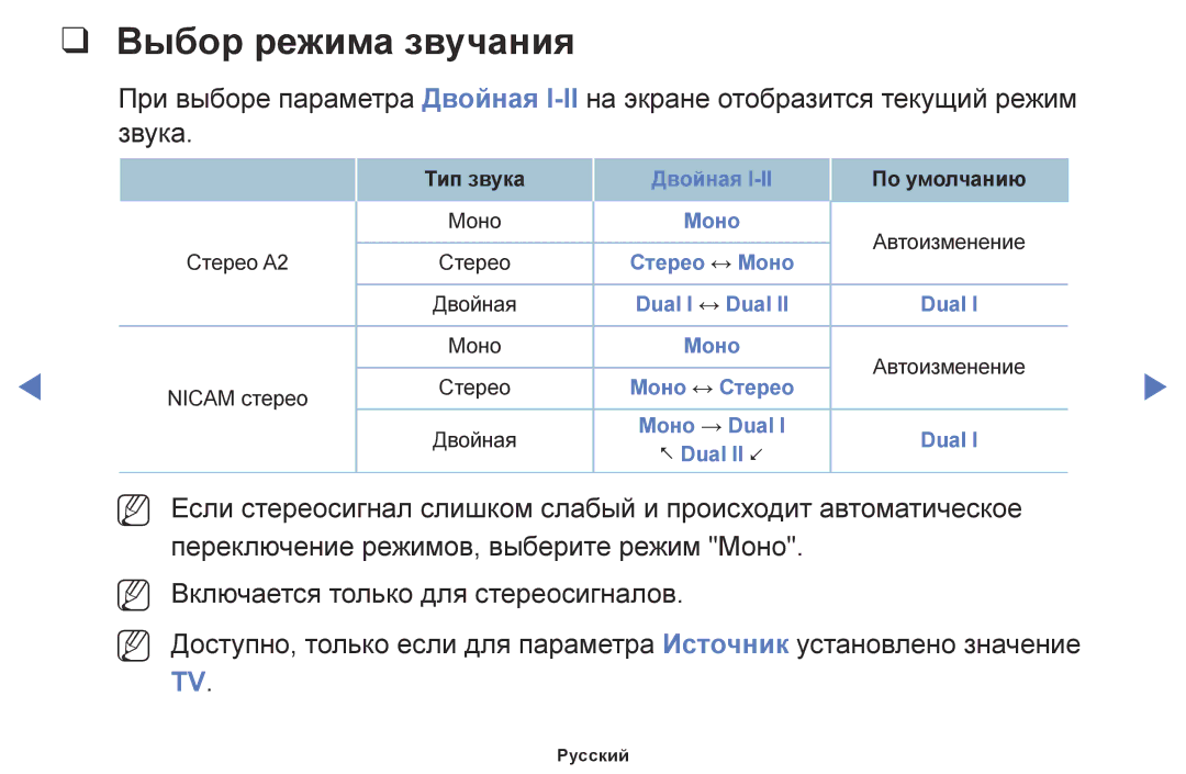 Samsung LT32E310EX/RU, LT24E310EX/RU, LT28E310EX/RU manual Выбор режима звучания 