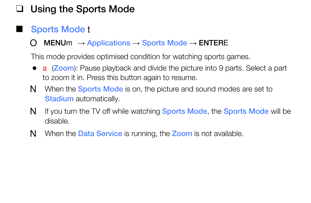 Samsung LT24E310MA/CH manual Using the Sports Mode, Sports Mode t, OO MENUm → Applications → Sports Mode → Entere 