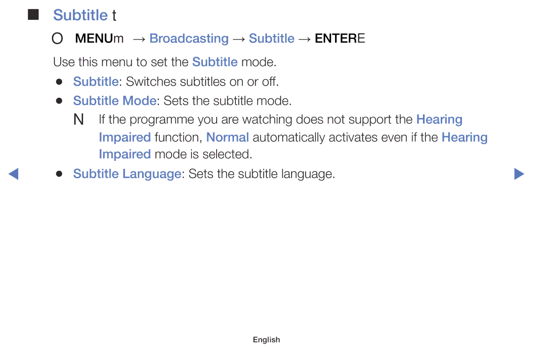 Samsung LT24E310MA/CH manual Subtitle t, OO MENUm → Broadcasting → Subtitle → Entere 