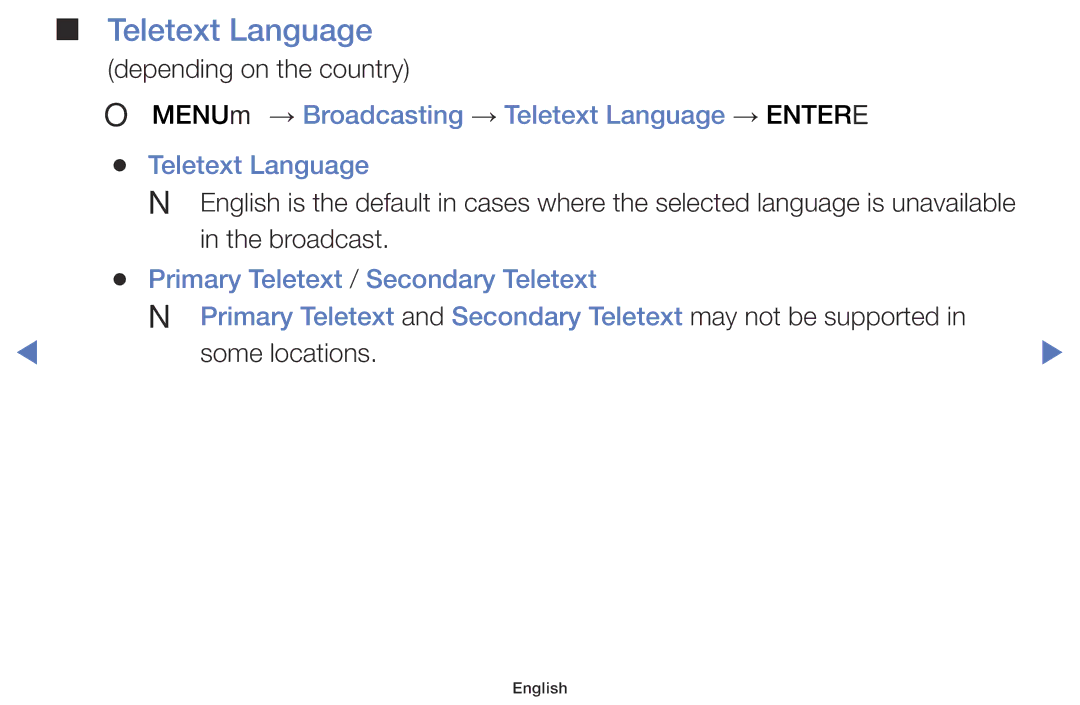 Samsung LT24E310MA/CH manual OO MENUm → Broadcasting → Teletext Language → Entere 