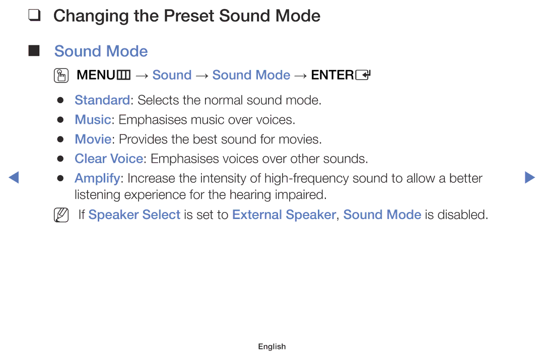 Samsung LT24E310MA/CH manual Changing the Preset Sound Mode, OO MENUm → Sound → Sound Mode → Entere 