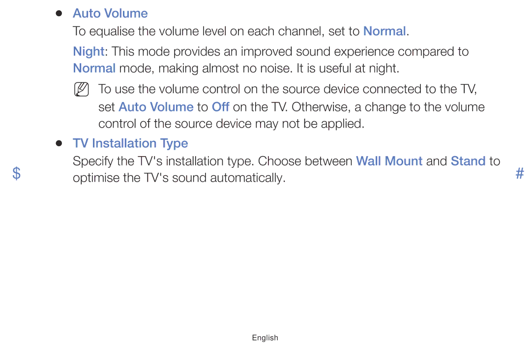 Samsung LT24E310MA/CH manual Auto Volume, TV Installation Type 