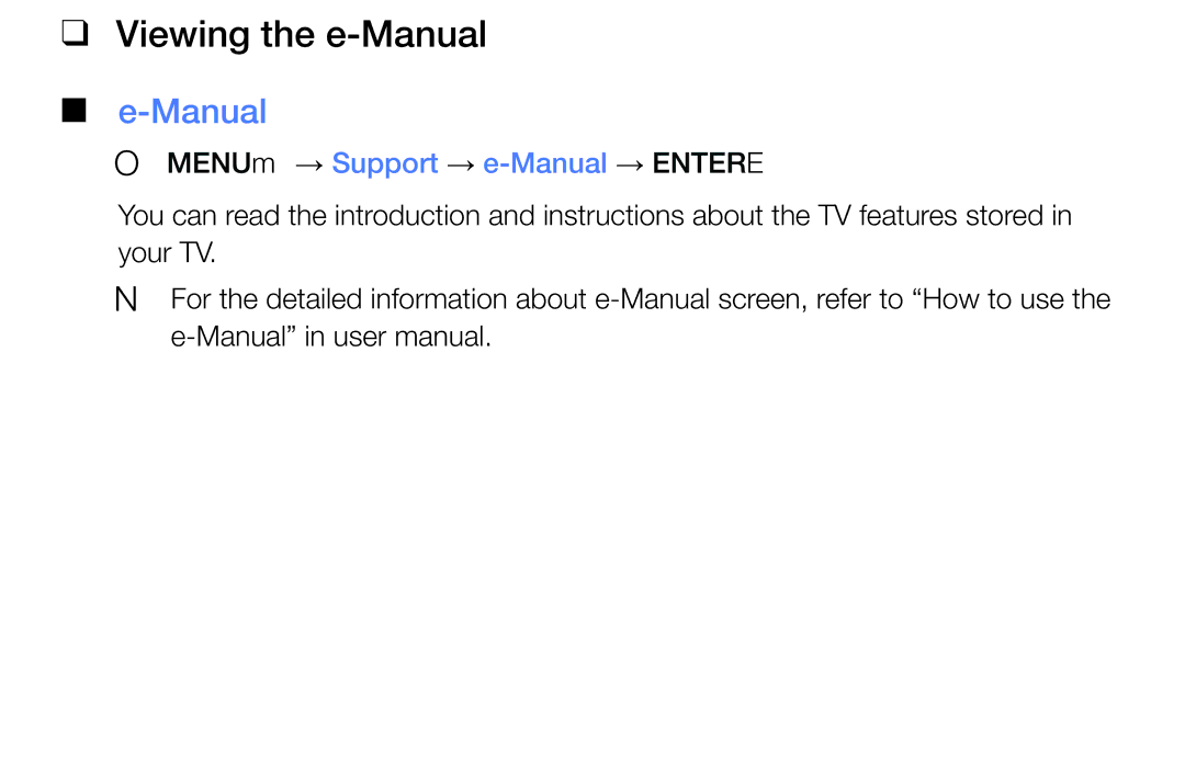 Samsung LT24E310MA/CH manual Viewing the e-Manual, OO MENUm → Support → e-Manual → Entere 