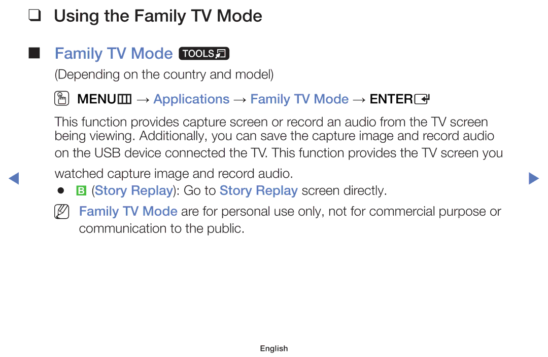 Samsung LT24E310MWT/KZ manual Using the Family TV Mode, Family TV Mode t, OO MENUm → Applications → Family TV Mode → Entere 