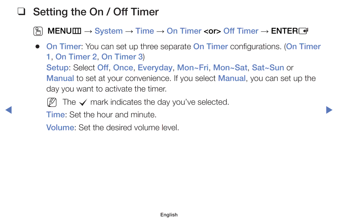 Samsung LT24E310MWT/KZ manual Setting the On / Off Timer, OO MENUm → System → Time → On Timer or Off Timer → Entere 