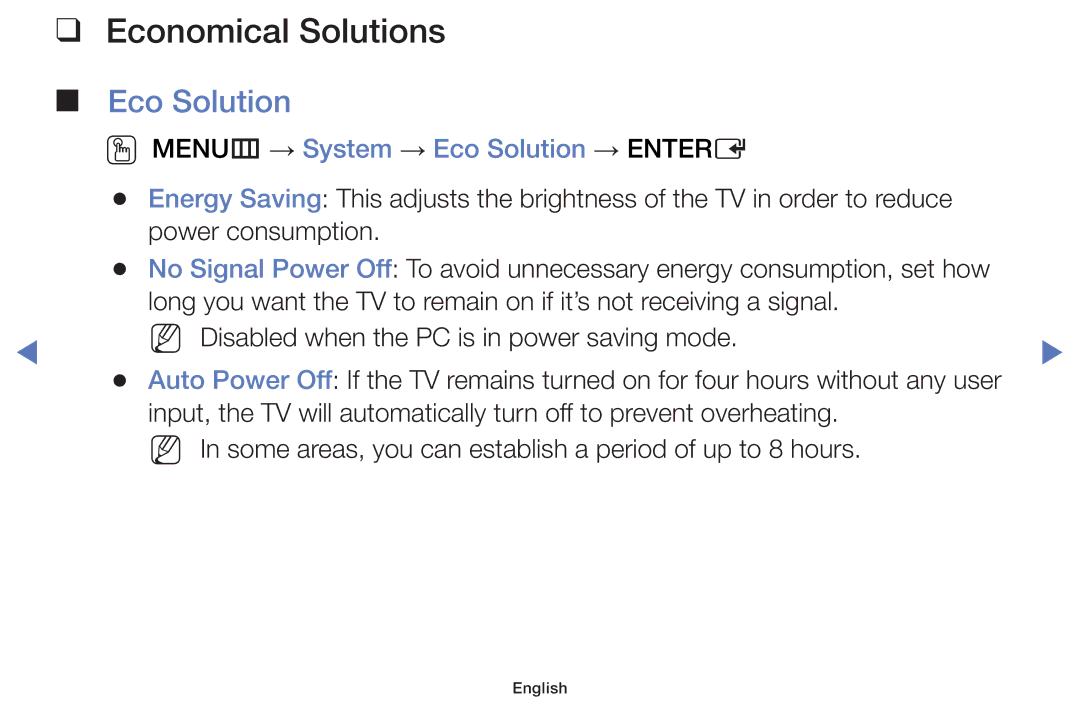 Samsung LT24E310MWT/KZ manual Economical Solutions, OO MENUm → System → Eco Solution → Entere 