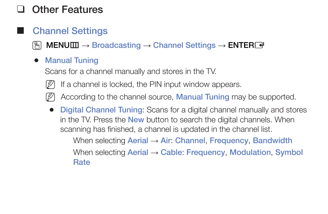 Samsung LT24E310MW/ZR Other Features, Channel Settings, When selecting Aerial → Air Channel, Frequency, Bandwidth, Rate 