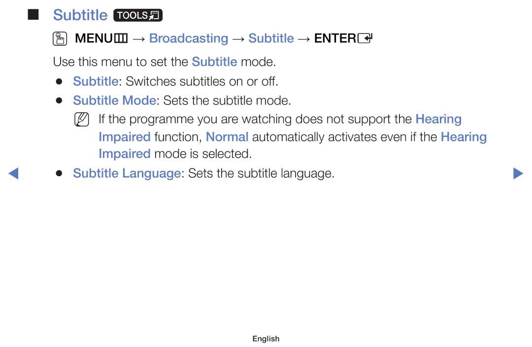 Samsung LT24E310MW/ZR manual Subtitle t, OO MENUm → Broadcasting → Subtitle → Entere 