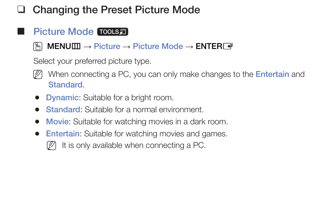 Samsung LT24E310MW/ZR manual Changing the Preset Picture Mode, Picture Mode t, OO MENUm → Picture → Picture Mode → Entere 