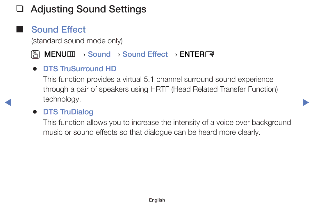 Samsung LT24E310MW/ZR manual Adjusting Sound Settings, OO MENUm → Sound → Sound Effect → Entere DTS TruSurround HD 