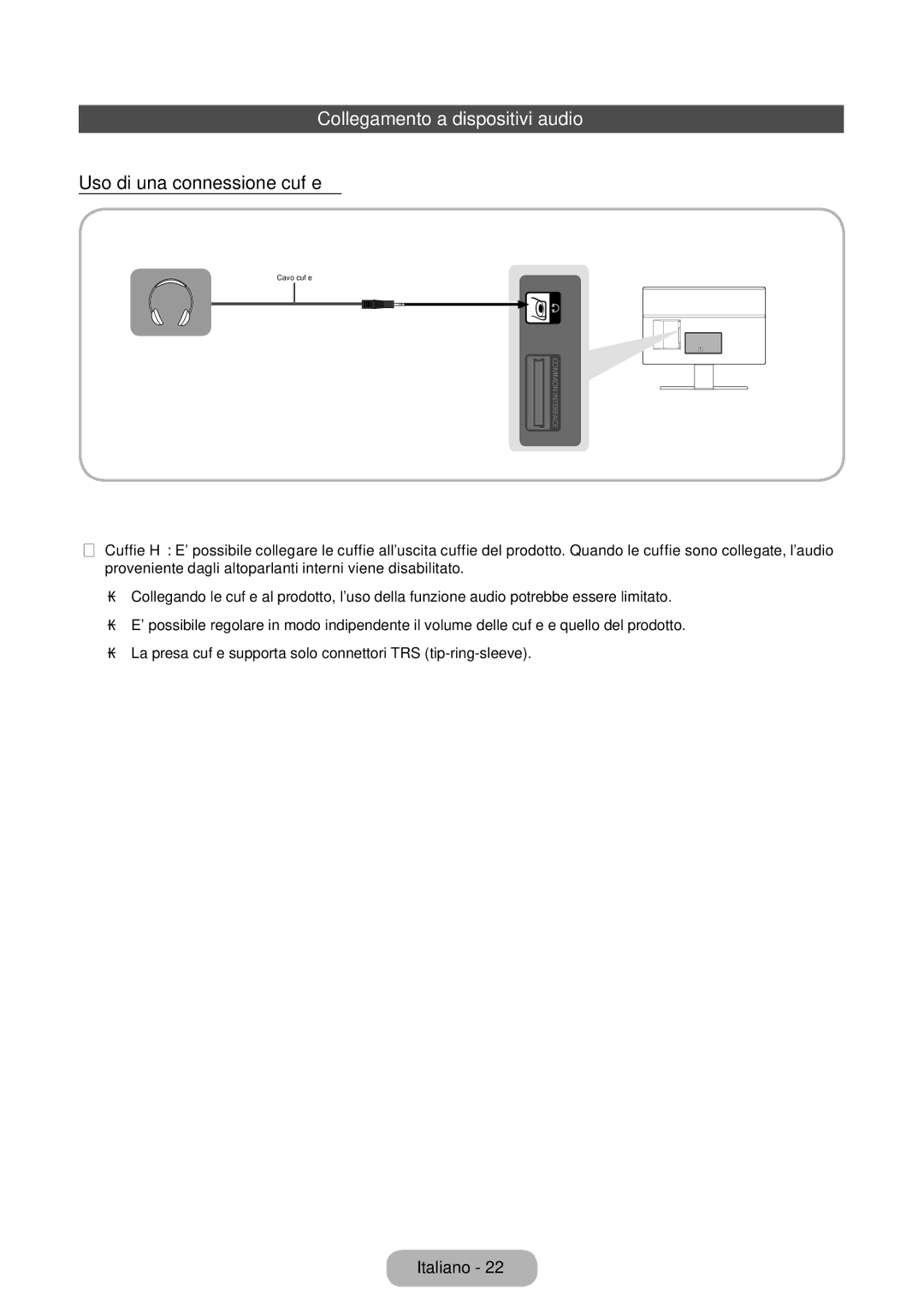 Samsung LT22E390EX/EN, LT24E390EW/EN, LT24E390EX/EN manual Collegamento a dispositivi audio, Uso di una connessione cuffie  