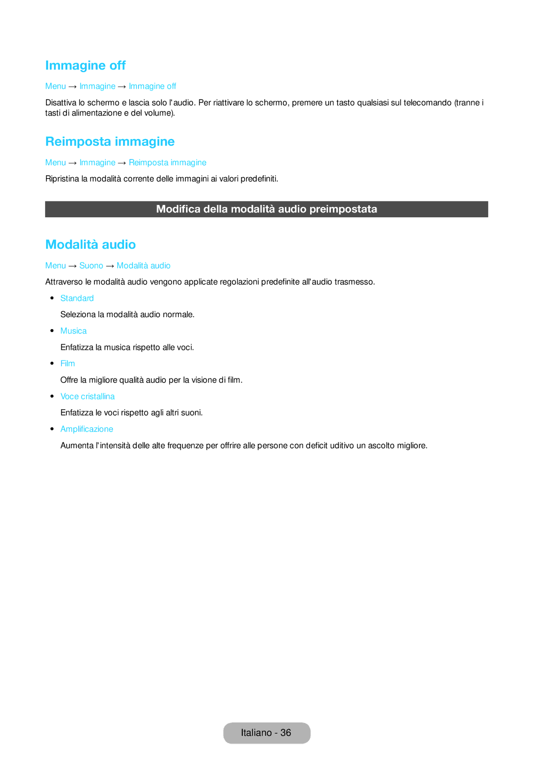 Samsung LT24E390EW/EN manual Immagine off, Reimposta immagine, Modalità audio, Modifica della modalità audio preimpostata 