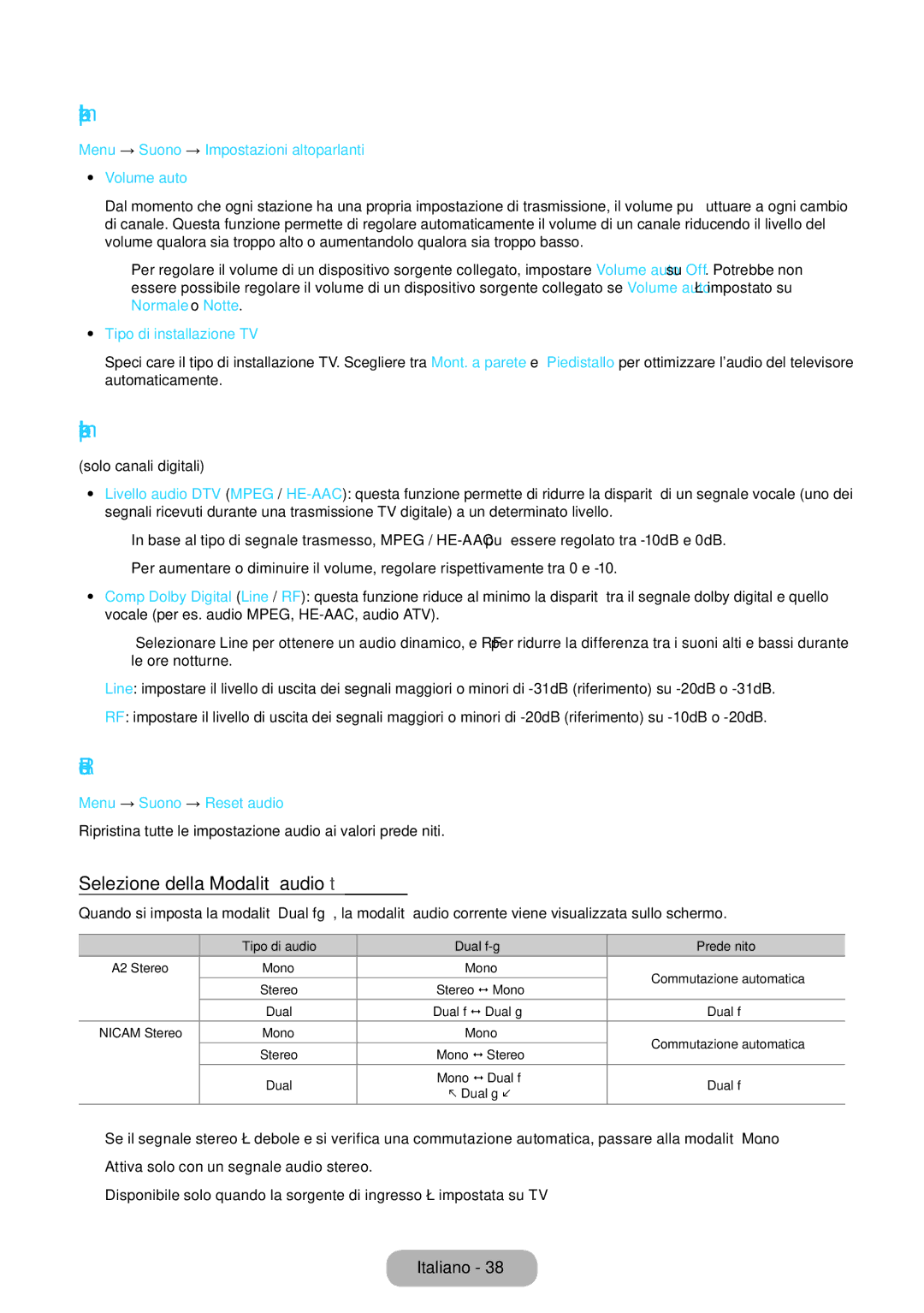 Samsung LT24E390EX/EN Impostazioni altoparlanti, Impostazioni supplementari, Reset audio, Selezione della Modalità audio t 