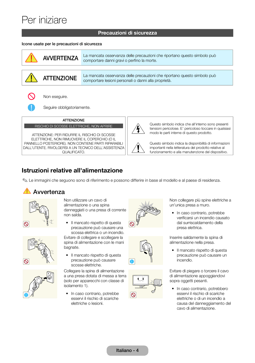 Samsung LT22E390EX/EN, LT24E390EW/EN, LT24E390EX/EN manual Istruzioni relative allalimentazione, Precauzioni di sicurezza 