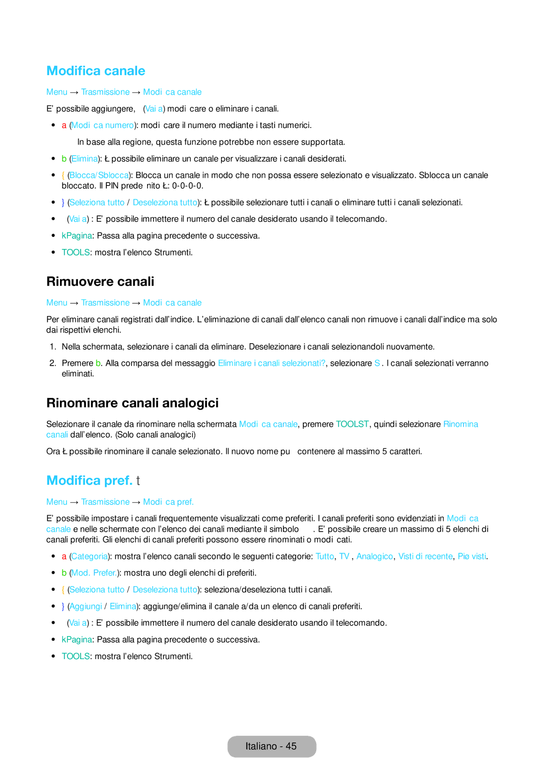 Samsung LT24E390EW/EN, LT22E390EX/EN manual Modifica canale, Rimuovere canali, Rinominare canali analogici, Modifica pref. t 