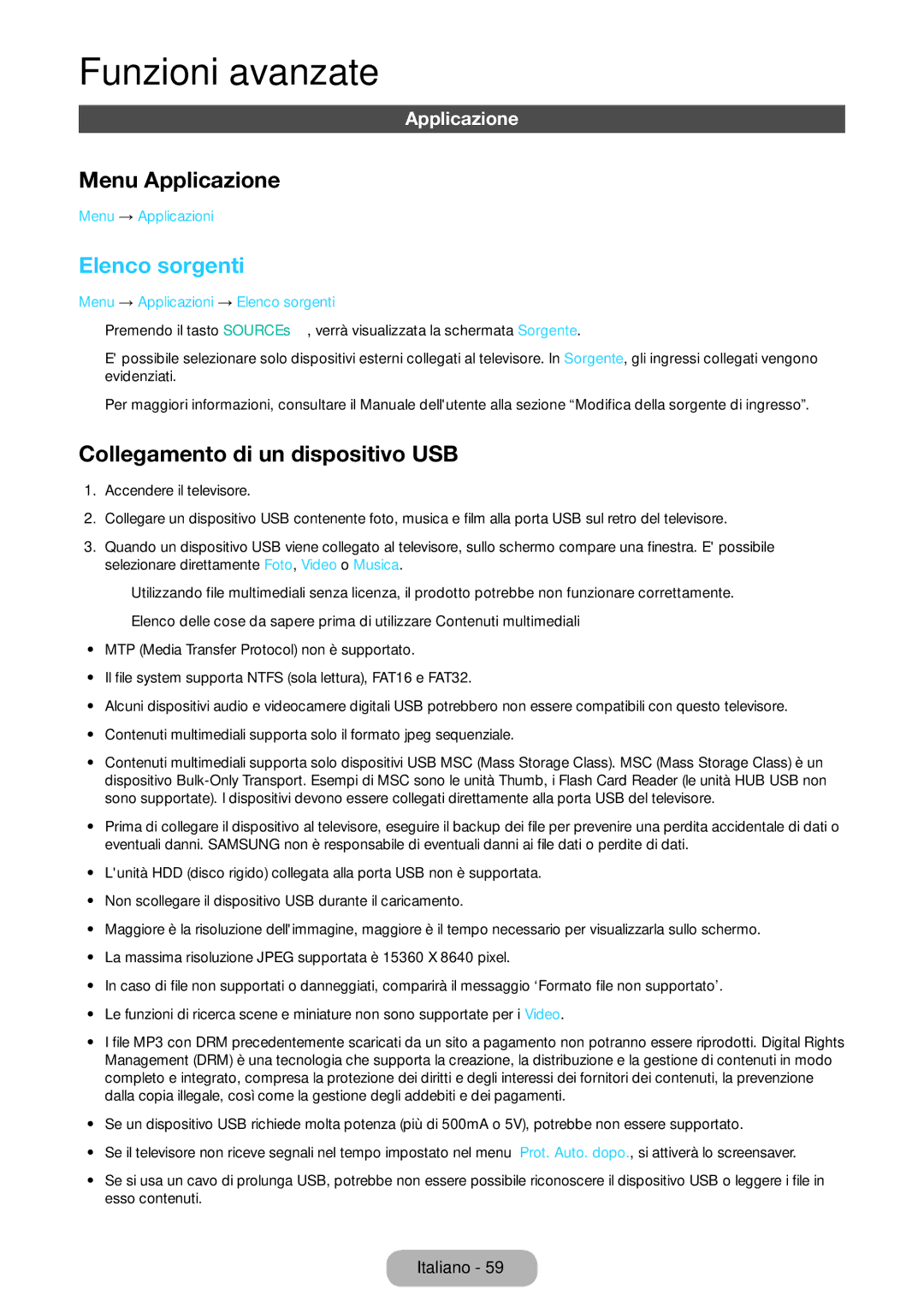 Samsung LT24E390EX/EN, LT24E390EW/EN, LT22E390EX/EN Menu Applicazione, Elenco sorgenti, Collegamento di un dispositivo USB 