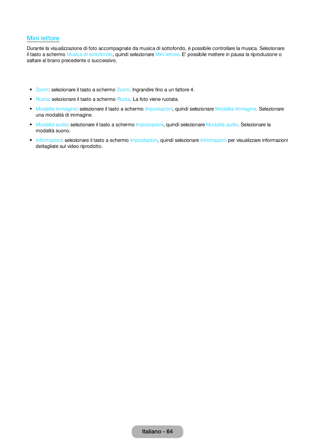 Samsung LT22E390EX/EN, LT24E390EW/EN, LT24E390EX/EN manual Impostazioni aggiuntive per la riproduzione di foto, Mini lettore 