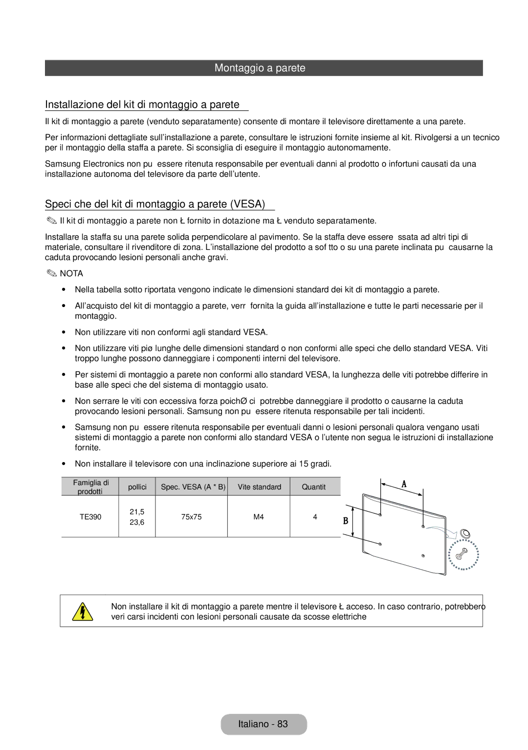 Samsung LT24E390EX/EN, LT24E390EW/EN, LT22E390EX/EN manual Montaggio a parete, Installazione del kit di montaggio a parete 