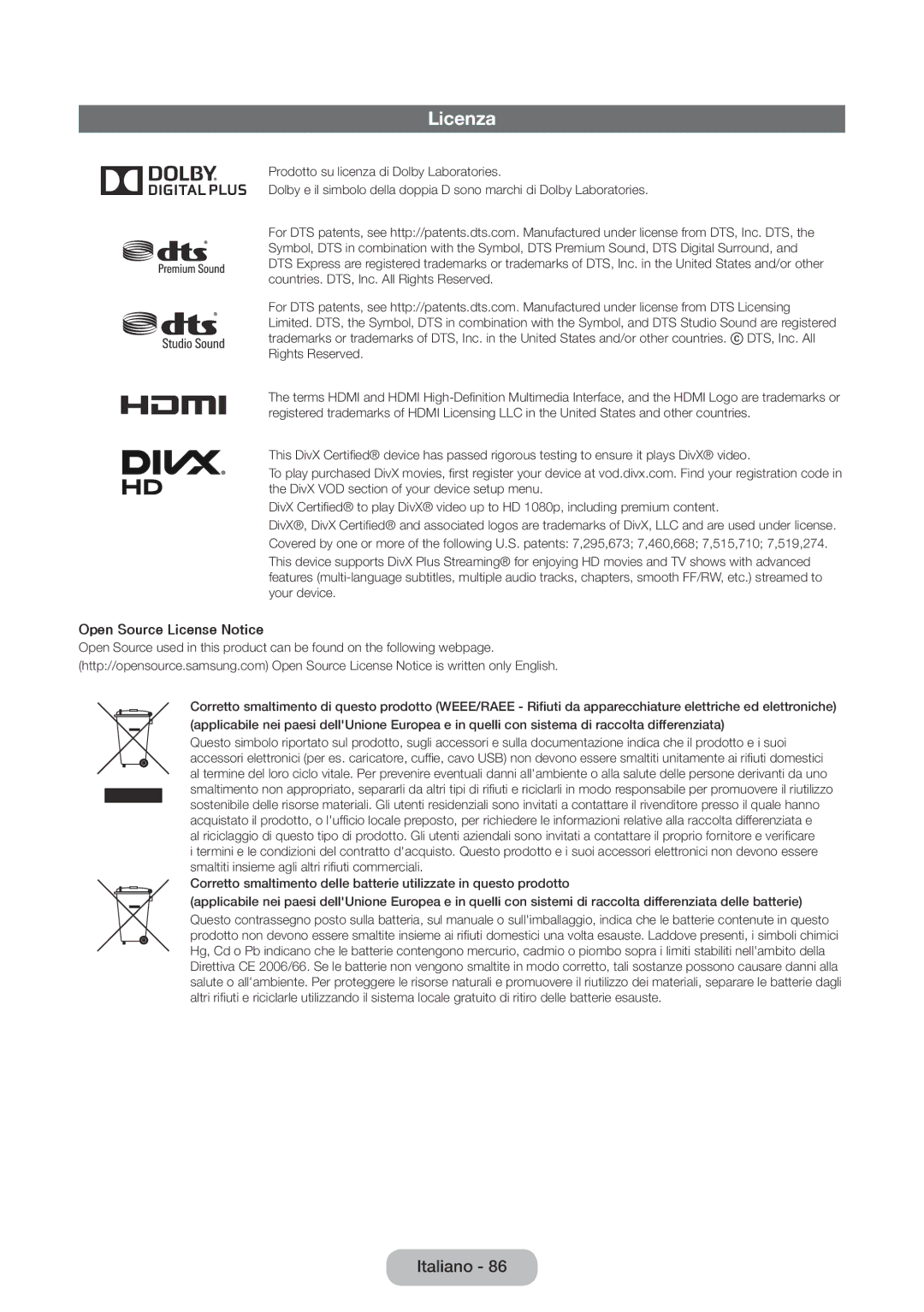 Samsung LT24E390EX/EN, LT24E390EW/EN, LT22E390EX/EN manual Licenza, Open Source License Notice 