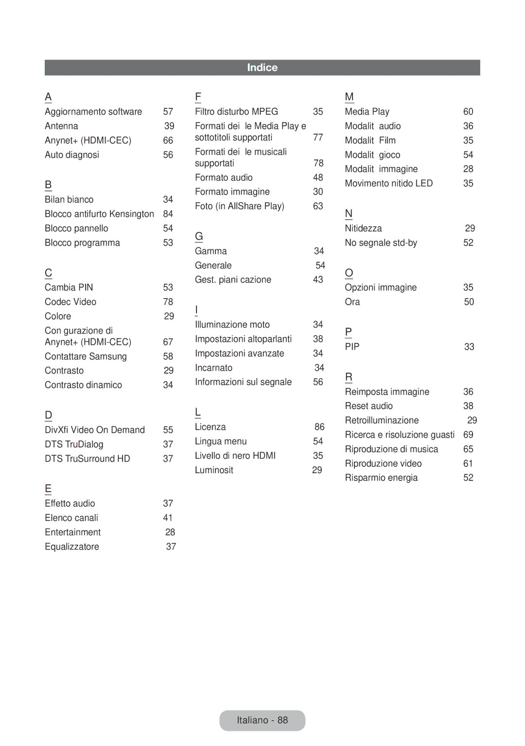 Samsung LT22E390EX/EN, LT24E390EW/EN, LT24E390EX/EN manual Indice, Blocco programma Cambia PIN 