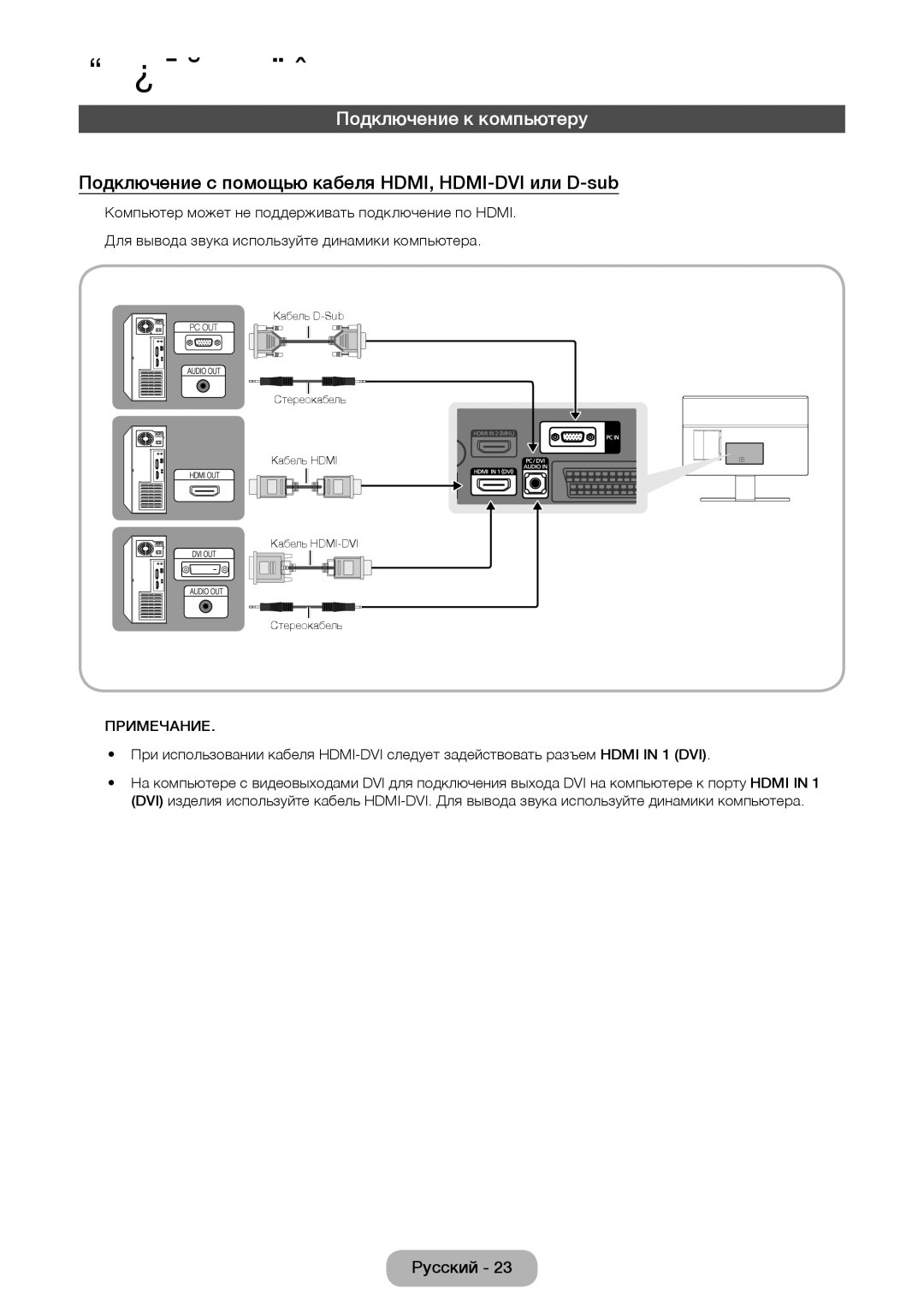 Samsung LT24E390EX/RU manual Подключение к компьютеру, Подключение с помощью кабеля HDMI, HDMI-DVI или D-sub 