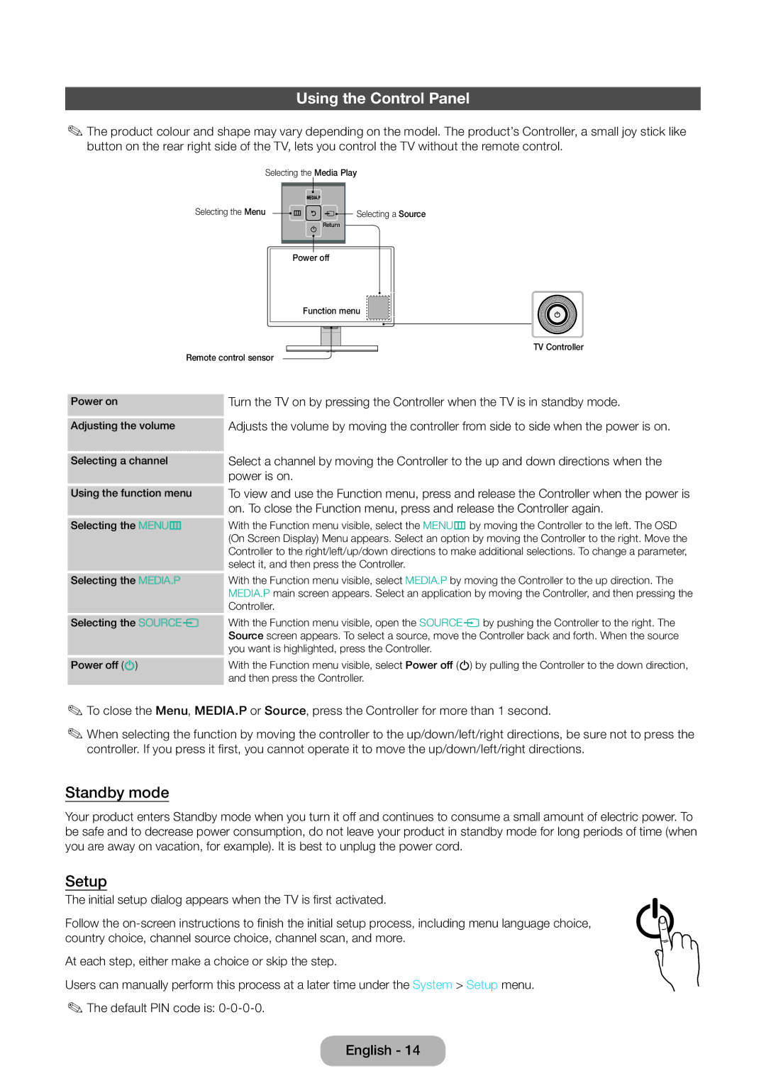 Samsung LT24E390EX/RU manual Using the Control Panel, Standby mode, Setup 