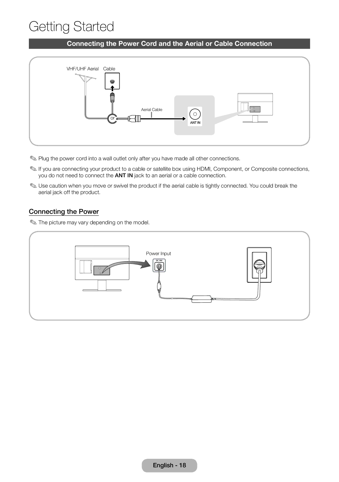 Samsung LT24E390EX/RU manual Connecting the Power Cord and the Aerial or Cable Connection 