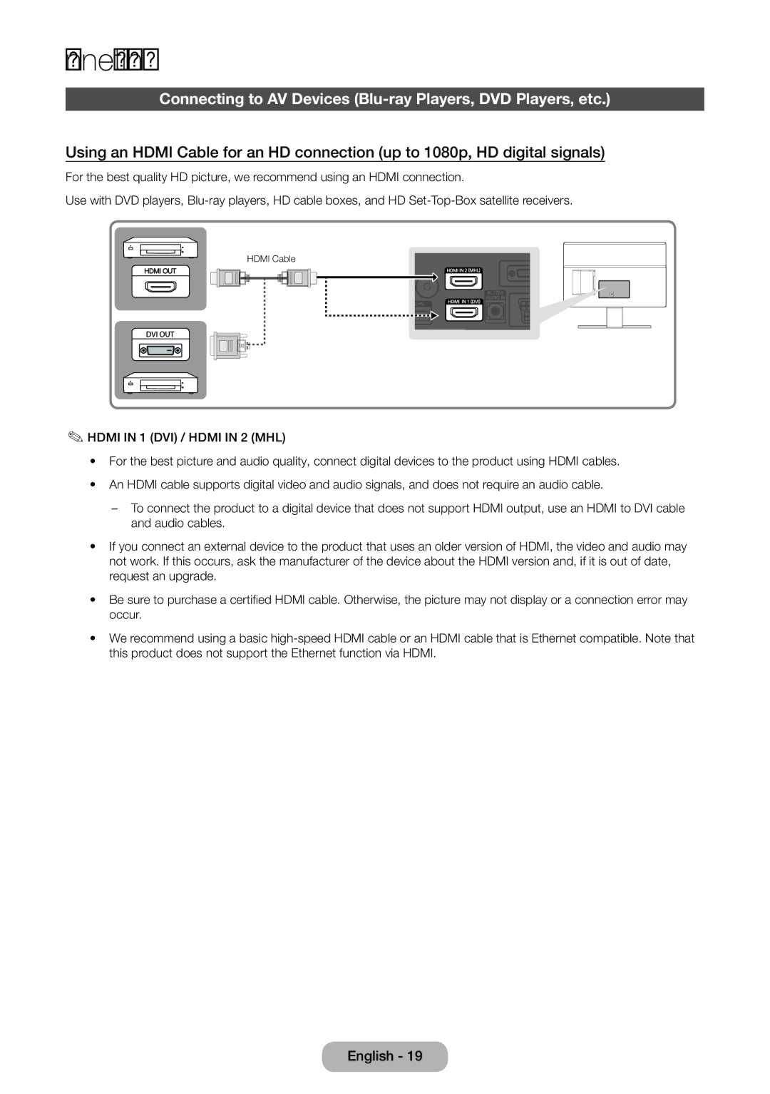 Samsung LT24E390EX/RU manual Connections, Connecting to AV Devices Blu-ray Players, DVD Players, etc 