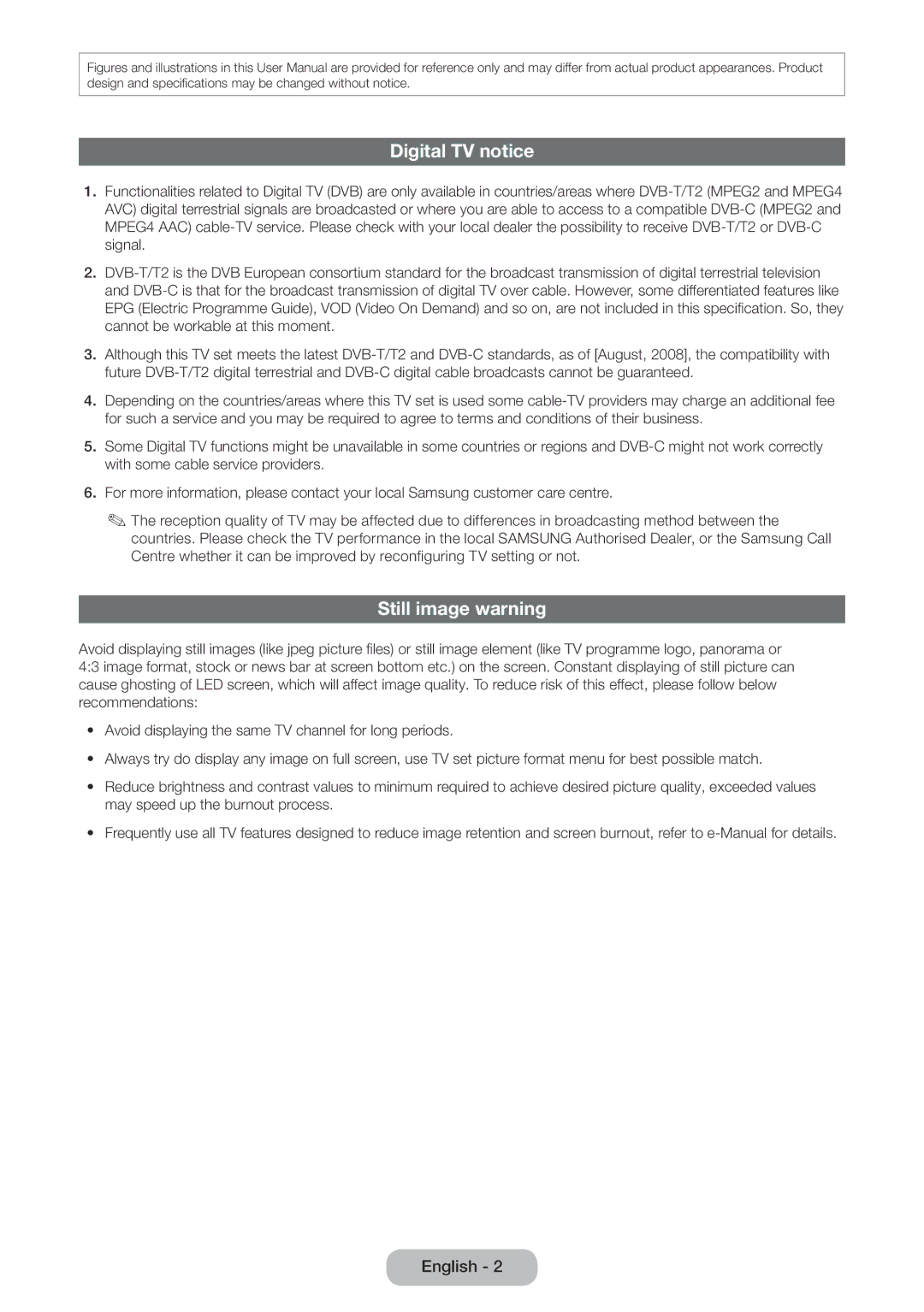 Samsung LT24E390EX/RU manual Digital TV notice, Still image warning 