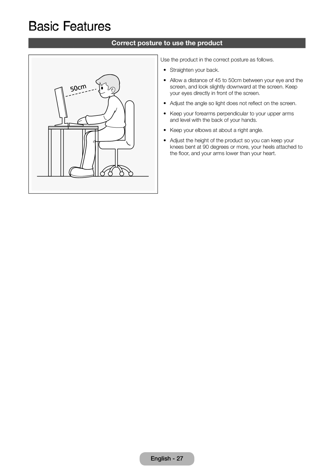 Samsung LT24E390EX/RU manual Basic Features, Correct posture to use the product 