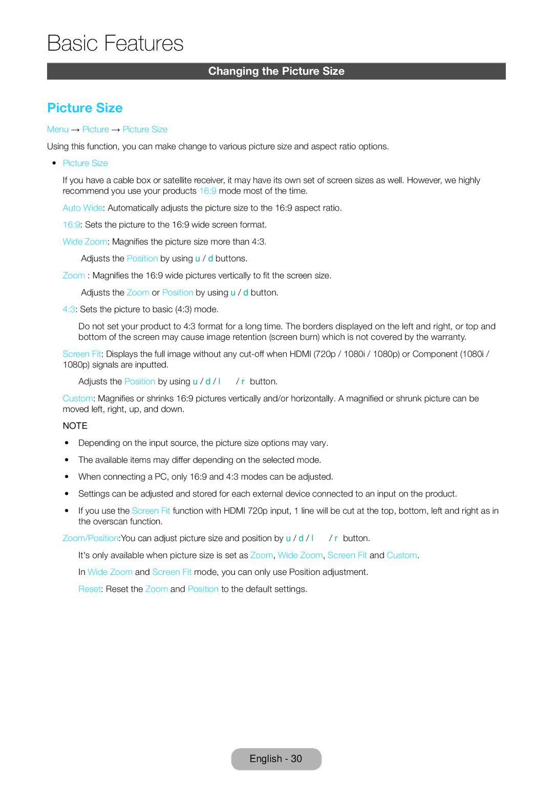 Samsung LT24E390EX/RU manual Changing the Picture Size, Menu → Picture → Picture Size 