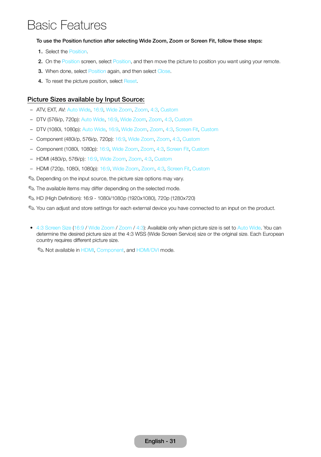 Samsung LT24E390EX/RU manual Picture Sizes available by Input Source 