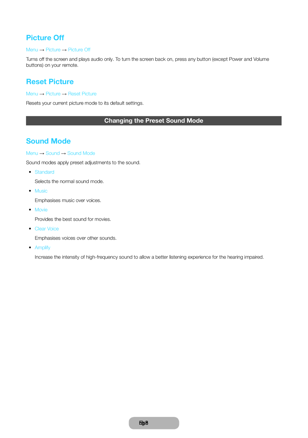 Samsung LT24E390EX/RU manual Picture Off, Reset Picture, Changing the Preset Sound Mode 