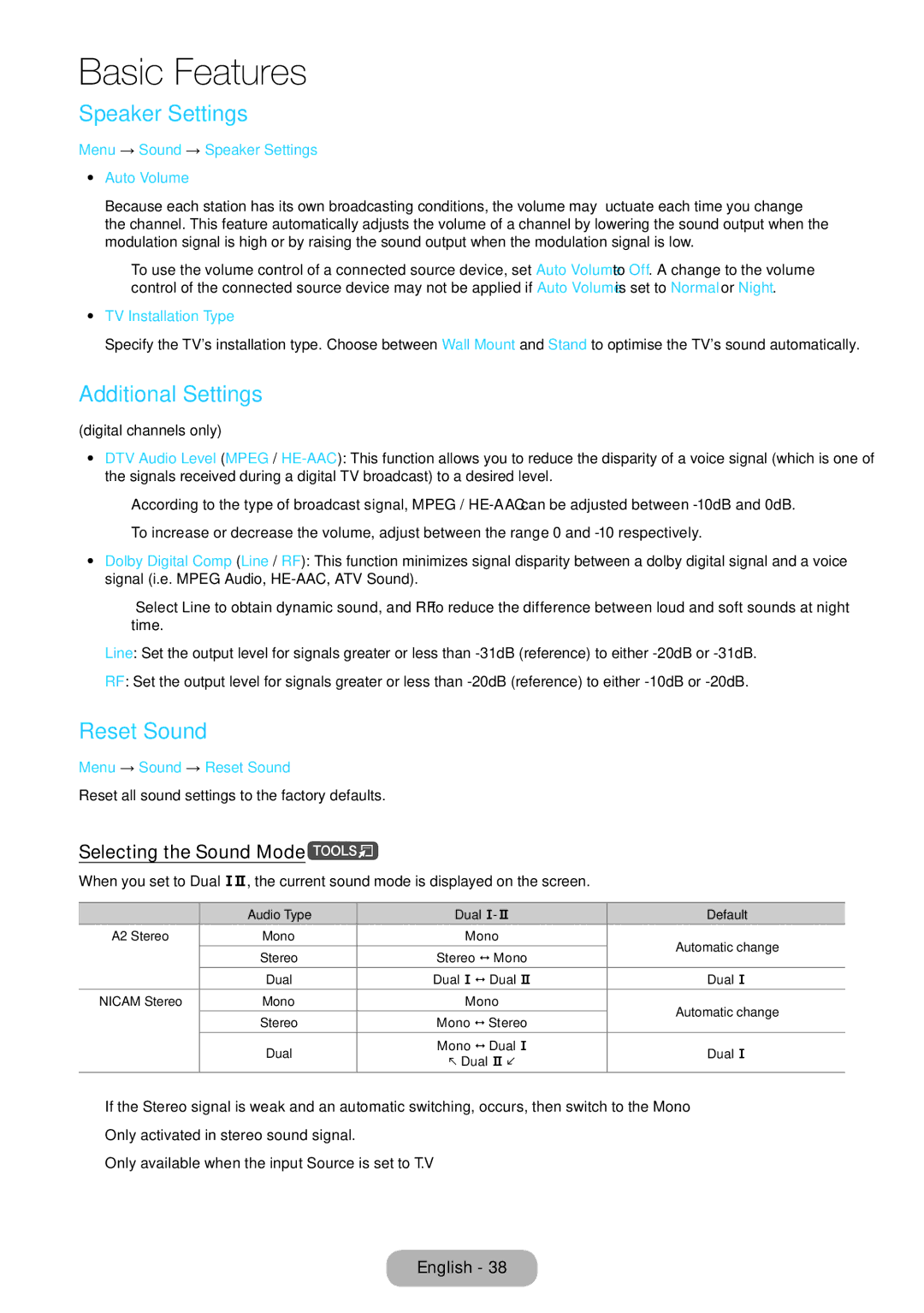 Samsung LT24E390EX/RU manual Speaker Settings, Additional Settings, Reset Sound, Selecting the Sound Modet 