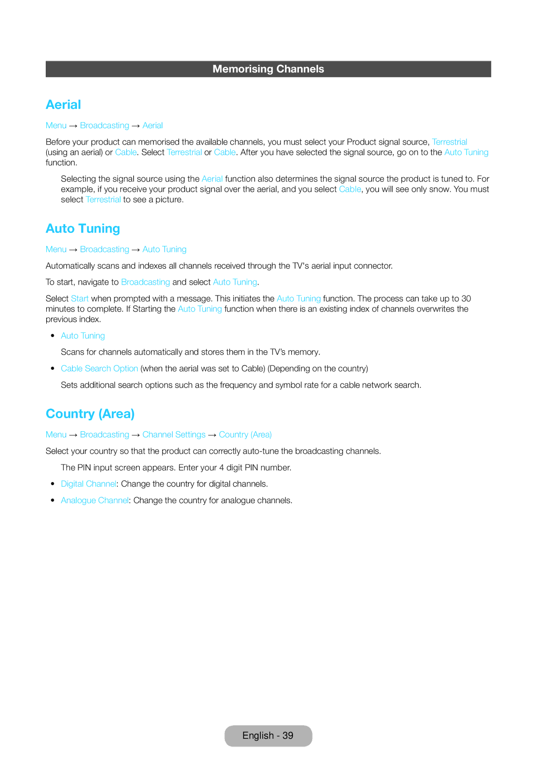 Samsung LT24E390EX/RU manual Aerial, Auto Tuning, Country Area, Memorising Channels 