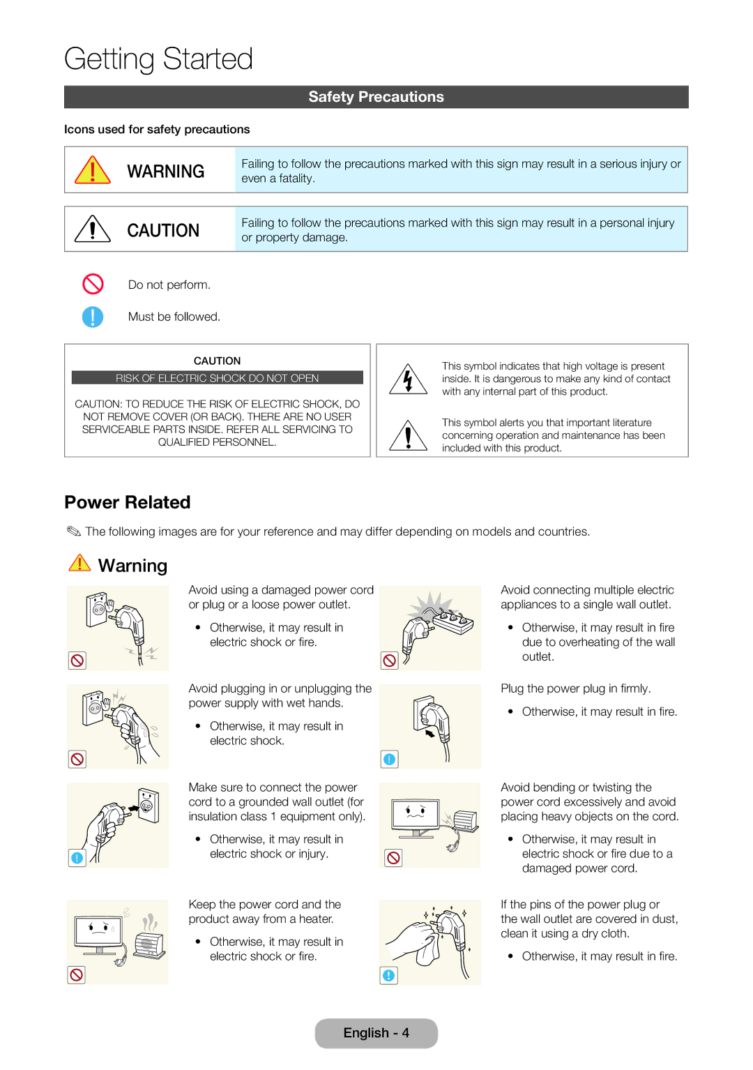 Samsung LT24E390EX/RU manual Power Related, Safety Precautions 