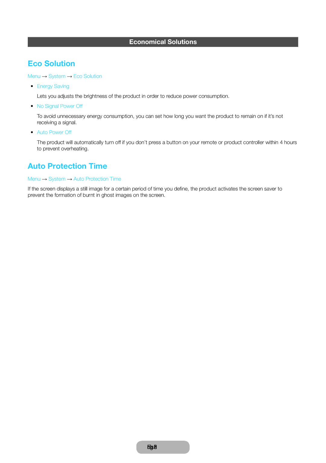 Samsung LT24E390EX/RU manual Eco Solution, Auto Protection Time, Economical Solutions 