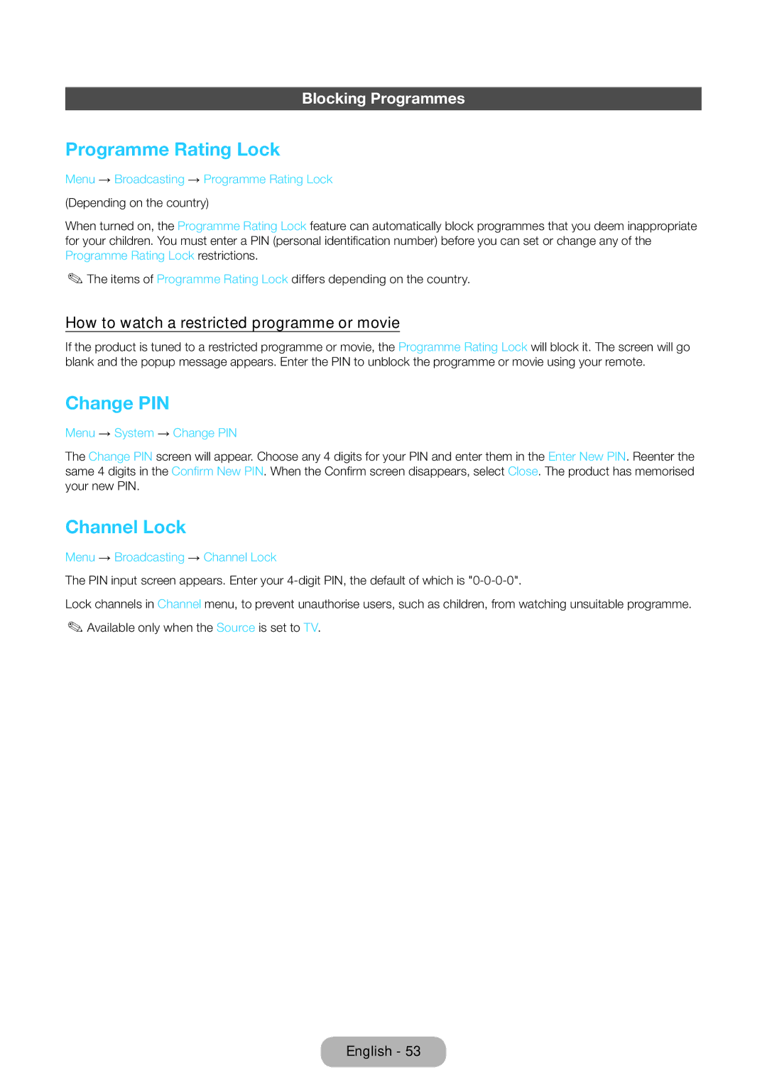 Samsung LT24E390EX/RU manual Programme Rating Lock, Change PIN, Channel Lock, Blocking Programmes 