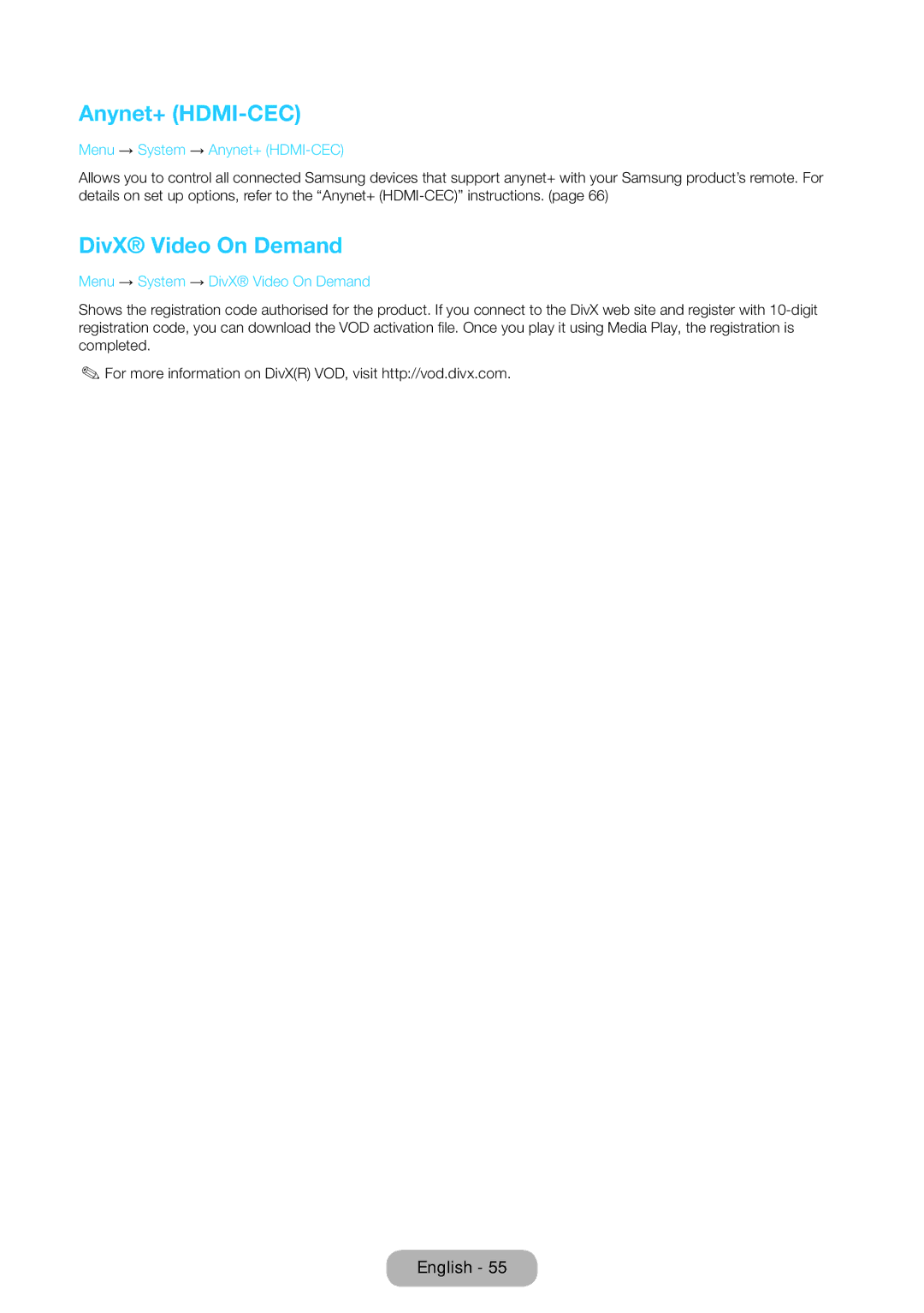 Samsung LT24E390EX/RU manual Menu → System → Anynet+ HDMI-CEC, Menu → System → DivX Video On Demand 