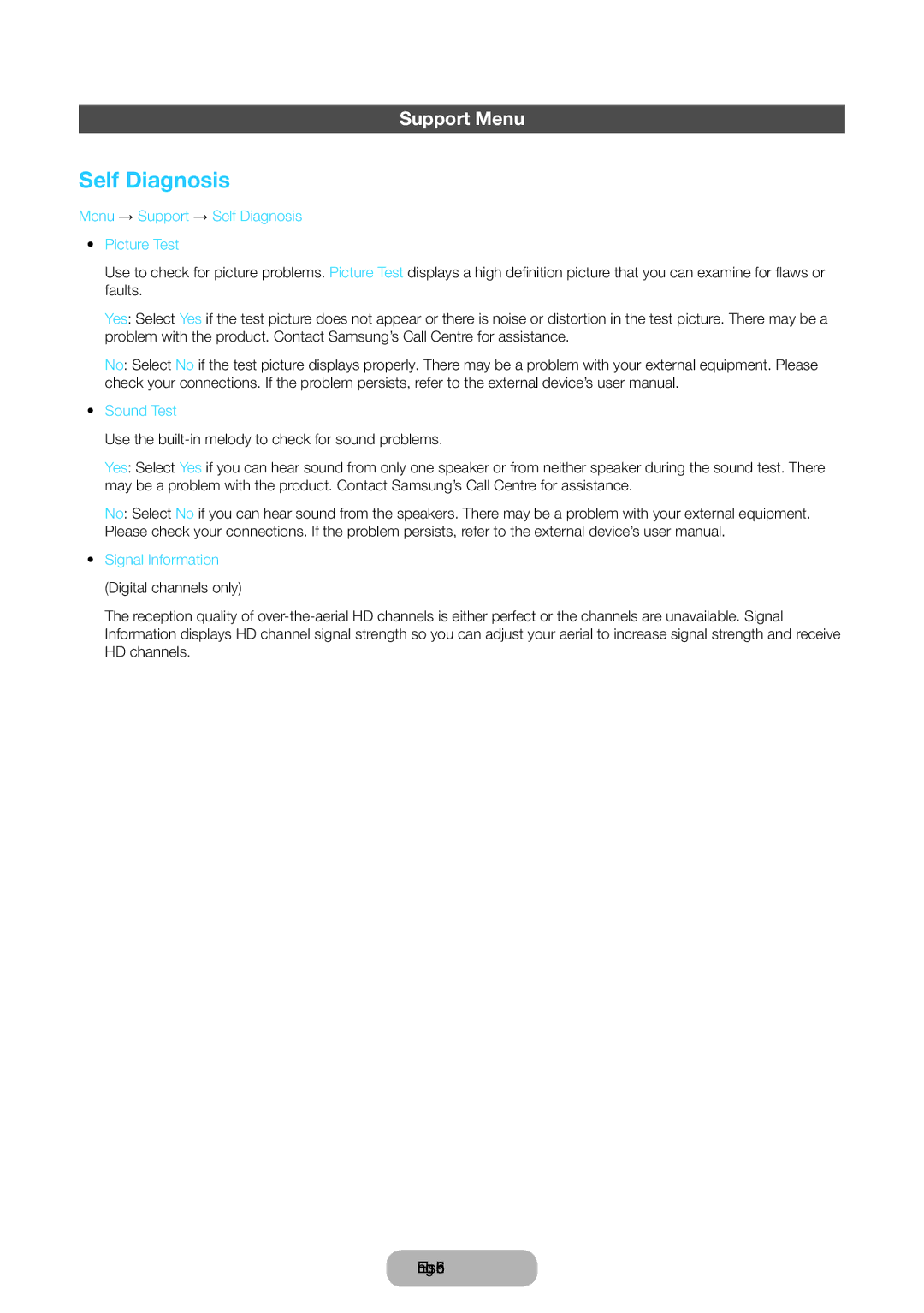 Samsung LT24E390EX/RU manual Support Menu, Menu → Support → Self Diagnosis Picture Test, Sound Test 