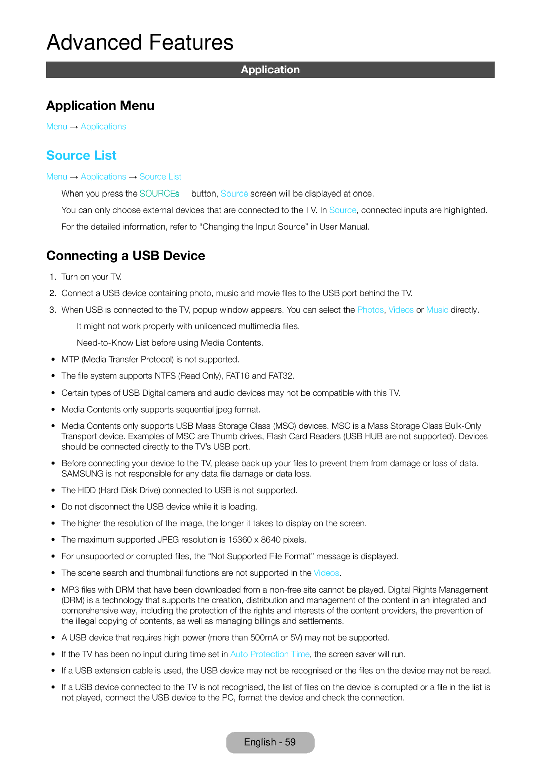 Samsung LT24E390EX/RU manual Application Menu, Source List, Connecting a USB Device 