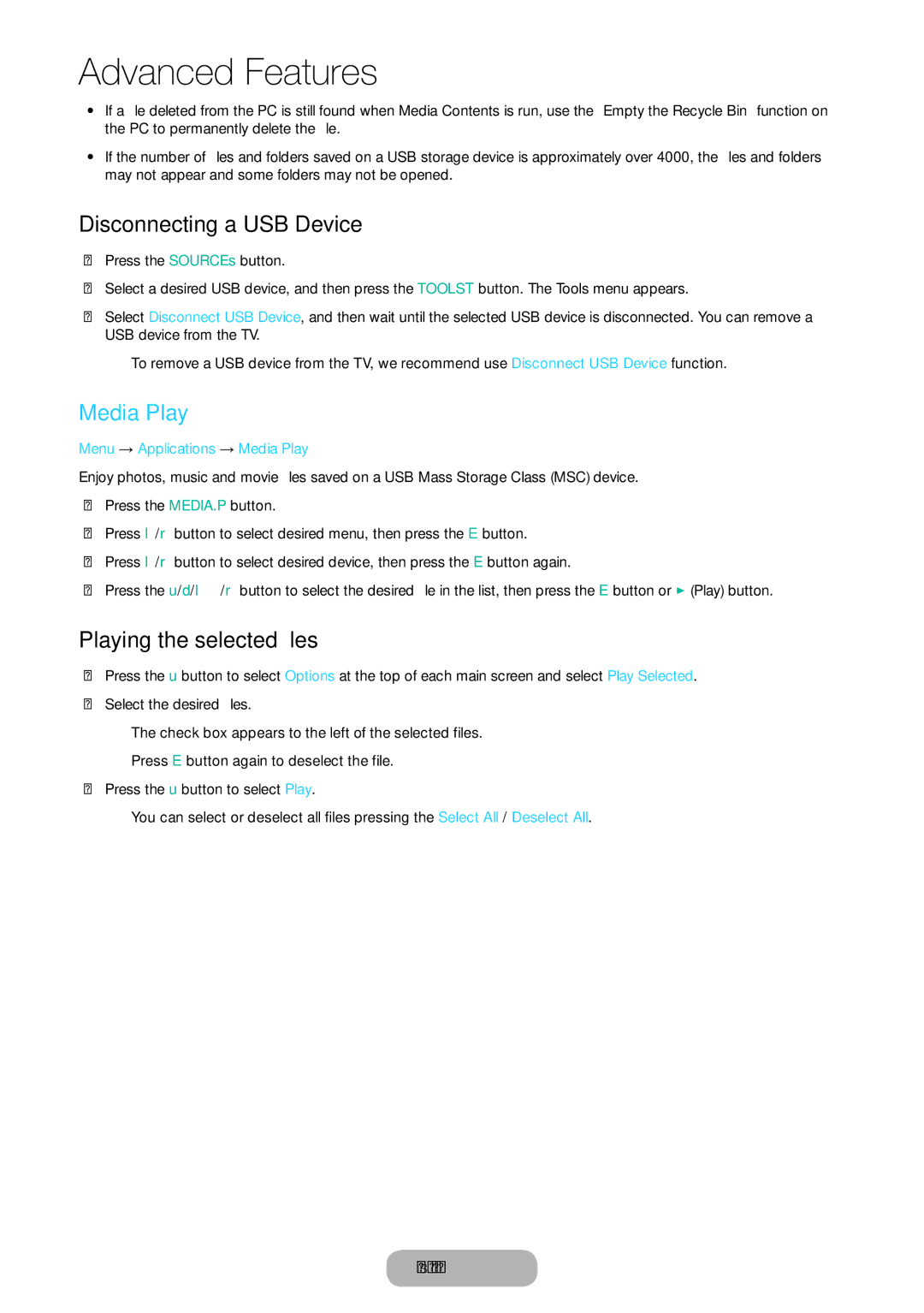 Samsung LT24E390EX/RU manual Disconnecting a USB Device, Playing the selected files, Menu → Applications → Media Play 