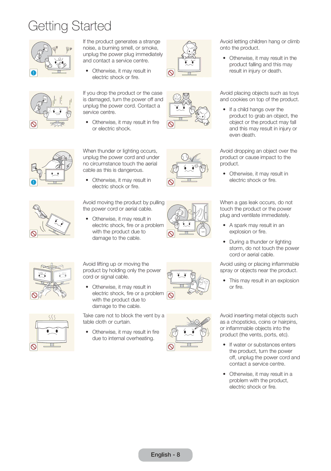 Samsung LT24E390EX/RU manual Electric shock or fire 