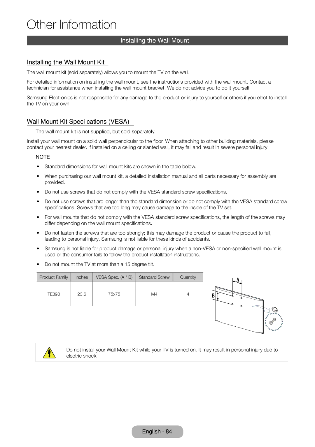 Samsung LT24E390EX/RU manual Installing the Wall Mount Kit, Wall Mount Kit Specifications Vesa 