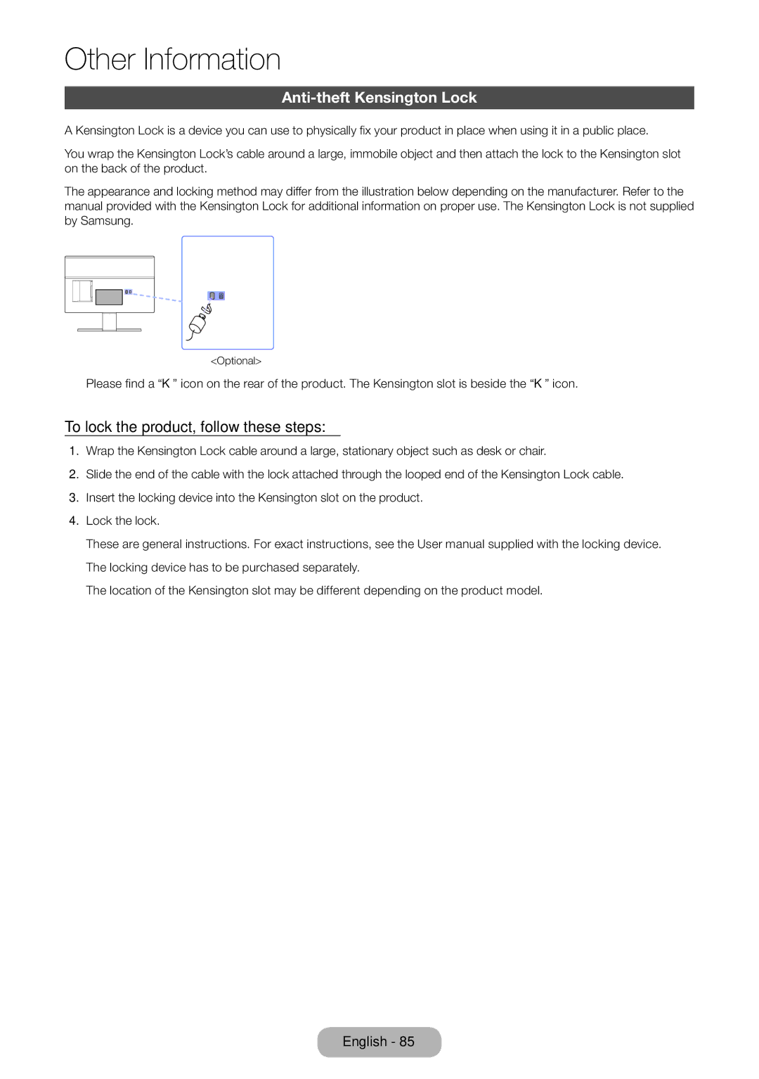 Samsung LT24E390EX/RU manual Anti-theft Kensington Lock, To lock the product, follow these steps 