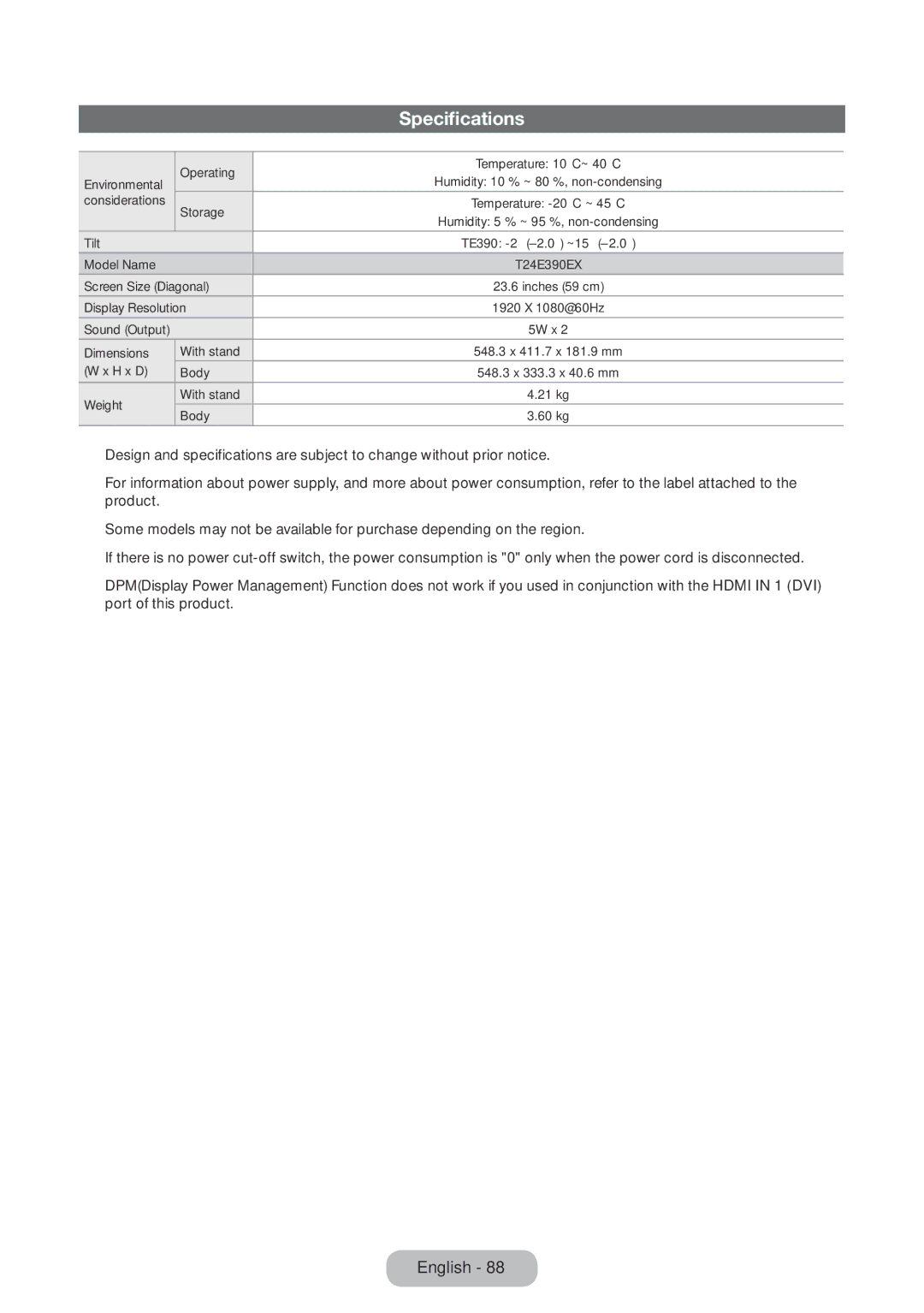 Samsung LT24E390EX/RU manual Specifications 